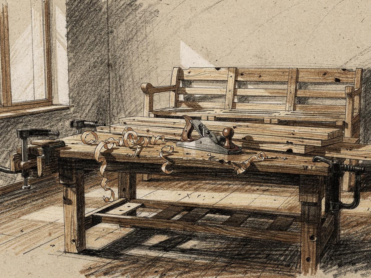 Ilustración a carboncillo de un taller de carpintería: un banco de trabajo con cepillo, virutas y prensas, y un sofá de madera a medio armar al fondo